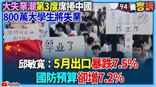 【94要客訴】大失業潮第3度席捲中國！800萬大學生將失業！邱敏寬：5月出口暴跌7.5%國防預算卻增7.2%