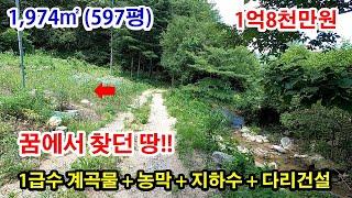 [강원도 횡성] ● 1급수 계곡물 흐르는 토지~ ● 신축농막 + 지하수 + 다리건설 ● 계획관리 "전" 1,974㎡ (597평) ● 1억8천만원 ● (7955)