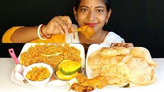 Eating Spicy  Chicken  Leg piece Curry, Spicy  Egg Maggi, Spicy  Chicken Ghugni, Luchi & Mango