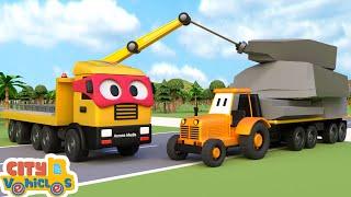 Fire truck and ladder truck put out a house fire- -crane truck and bulldozer for kids.