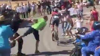 Fan pushed in front of Moto by Policeman and causes Crash on Stage 12 of 2017 Vuelta a Espana