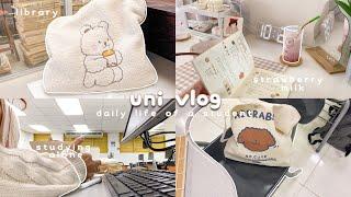 daily vlog ⋆｡˚ strawberry milk, library study sessions, studying alone, college life 