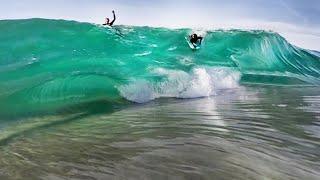 CHARGING SHALLOW SANDBAR SLAB WAVE AND FINLESS SURF! (RAW Bonus Footage)