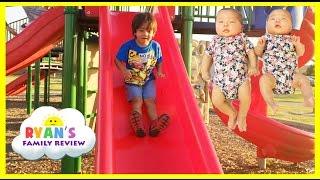 Ryan Twin Sisters First Time Outside! Playground for Kids Family Fun Playing at the Park