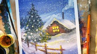 HOUSE, FIR-TREE, SNOW | Step by step drawing with paints