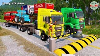 Double Flatbed Trailer Truck vs speed bumps|Busses vs speed bumps|Beamng Drive|387