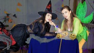 Dramatic Feeding Candy and cleaning disaster. Witch and Fairy Halloween Boss & Secretary. 