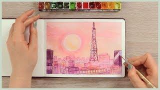 How to Paint a Sunset City Skyline with Watercolors | Art Journal Thursday Ep. 38