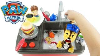 clean dishes in sink with Paw Patrol