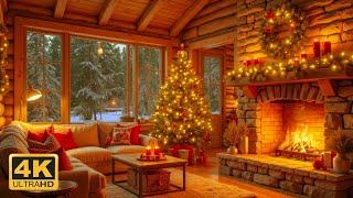 Instrumental Christmas Music  | Cozy Holiday Ambiance with Fireplace & Snowy Cabin Views | 4K UHD