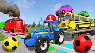 BeamNG Drive - Cars vs Deep Water - Flatbed Trailer Truck vs Monster Truck - Bus vs Trains