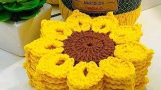 Crochet sunflower  easy doily coaster tutorial - woolen flower - large flower crochet free pattern