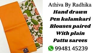 Hand drawn Pen kalamkari Blouses paired With plain pattu sarees #blousecombinations #viral #explore