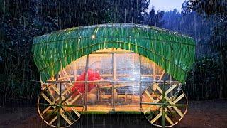 SOLO BUSHCRAFT SUPER HEAVY RAIN - BUILD A CARAVAN SHELTER - ENJOY THE SOUNDS OF NATURE