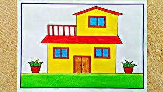 घर का चित्र आसानी से बनाना सीखें/house drawing/how to draw house for beginners for step by step