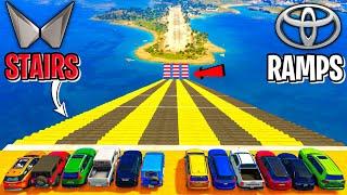 GTA 5: Mahindra Cars Vs Toyota Cars | IMPOSSIBLE BIG Stairs + Ramp | Shocking Results | GTA 5 MODS