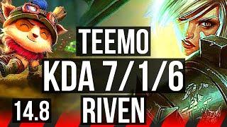 TEEMO vs RIVEN (TOP) | 7/1/6, Godlike | TR Master | 14.8