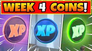 Fortnite Week 4 XP COINS LOCATIONS Guide! ALL Coins: Purple, Blue, Gold, and Green Tutorial