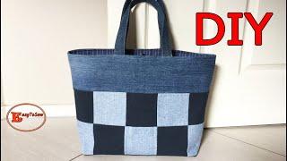 DIY PATCHWORK TOTE BAG SEWING TUTORIAL | DENIM TOTE BAG MAKING