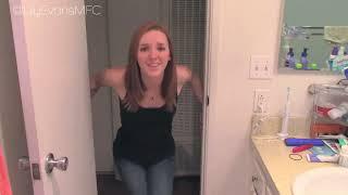 Girl peeing her jeans after desperate outside restroom