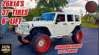 WHITE/RED Jeep Wrangler LIFTED on 26x14" FORGIATO Wheels, 37" MUD TIRES!!