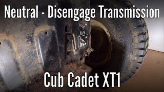 How to disengage the hydrostatic transmission (Neutral) on a Cub Cadet XT1 lawn mower.