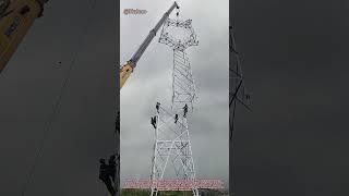 Tower Installation: Crane Lifts Power Line Section as Workers Guide!