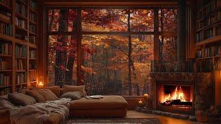 Autumn in the Forest | Cozy Cabin Ambience with Jazz, Rain, and Fireplace for Relaxation 