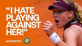 Mirra Andreeva reacts after beating Daria Kasatkina to reach the French Open quarter-finals 