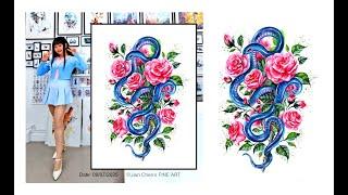 Jian Chen's FINE ART - a blue snake with pink roses