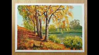 How to draw a BEAUTIFUL LANDSCAPE with gouache. "GOLDEN AUTUMN". Step by step for beginners.