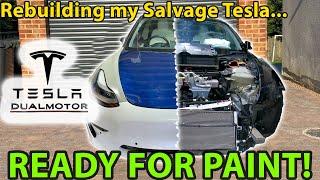 REBUILDING A WRECKED TESLA MODEL 3 PERFORMANCE | READY FOR PAINT! | Copart Salvage Restore DIY