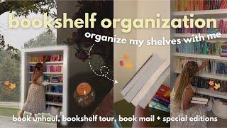 organize my bookshelves with me ️ bookshelf tour, cozy + rainy day, book unhaul, book mail