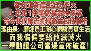 都知道新官上任3把火！上任第1件事就是裁掉保潔！命令我們輪流打掃衛生包括廁所！理由是：磨煉員工耐心體驗真實生活！而我偏偏要給他滅滅火！一舉動讓公司當場宣佈破產！