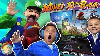 MIKE'S BIRTHDAY SURPRISE from MARIO BROS!  New Gaming Setup! (FUNnel Fam Luigi Vision)