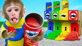 KiKi Monkey discover Four Elements Pringles Potato Chips by Four Colors Challenge | KUDO ANIMAL KIKI