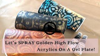 Let's SPRAY High Flow Acrylics On A Gel Plate With Klimt Scribbles & Doodles Stencils!