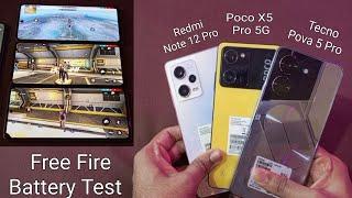 Tecno Pova 5 Pro Vs POCO X5 Pro Vs Redmi Note 12 Pro Free Fire Battery Drain Test ( 100 To 0% )