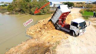 Great project Showing Landfilling using Dump trucks 5T dumping Soil with Bulldozer pushing soil fill