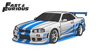 How to draw a NISSAN SKYLINE GT-R R34 from Fast and Furious 2 / drawing Paul Walker's nissan car