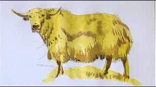 How to paint a Yak animal Art by watercolor