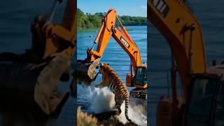 Construction Crane vs Tiger: Epic Battle in the River | Dangerous Wildlife Encounter #tiger #shorts