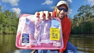 Fishing with a Discount Pack of PORK RIBS (Catch and Cook)