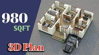 3D House plans | 980 sqft House Plan | Budget Homes | Haneed Anugrahas