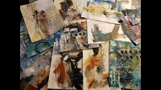 Creating 11 small abstract paintings showing several processes, tools, paints, mark making & layers.