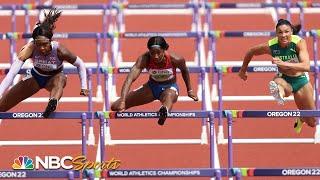 Keni Harrison survives 3-way battle in 100m hurdles heat at Worlds | NBC Sports