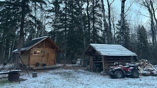 First SNOW of the fall!  WINTER is coming fast!  ALONE in a tiny cabin!