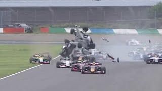 Cars go airborne at Motegi during Round 7 of Super Formula 2023