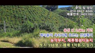 음성 IC 3.6Km거리 사사사철 계곡물이 흐르는 산골짜기 복숭아 과수원, 농막토지, 체류형쉼터 농지 [매물번호 3405100]