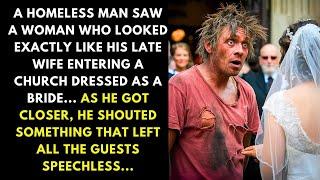 A HOMELESS MAN SAW A WOMAN WHO LOOKED EXACTLY LIKE HIS LATE WIFE ENTERING A CHURCH DRESSED AS A...